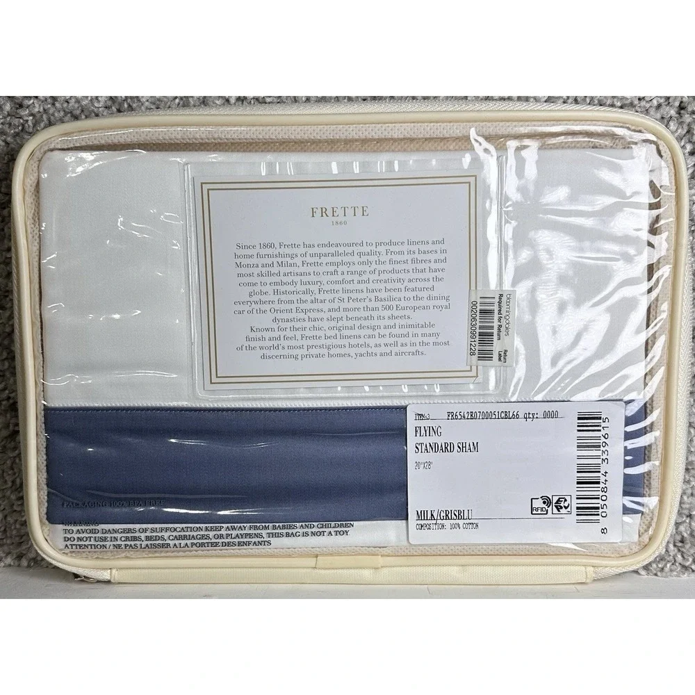 Frette‎ Flying Standard Sham Milk GrisBlu White Blue 20x28 Cotton Italy